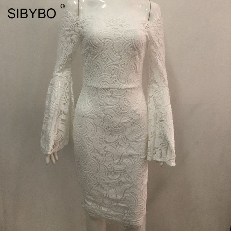 Sibybo Off Shoulder Flare Sleeve Lace Dress Women Slash Neck Long Sleeve Sheath Elegant Party Dress Cotton   Bodycon Dress