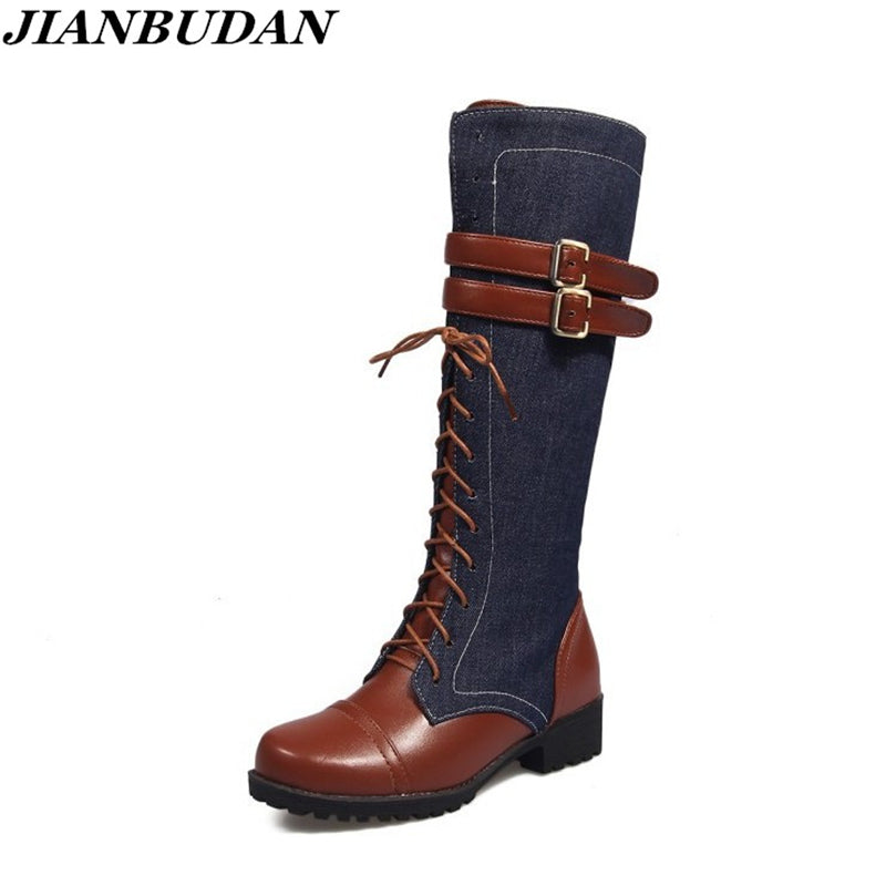 JIANBUDAN Fight mid calf autumn motorcycle boots  belt buckle fashion denim women boots  zippered   knight boots