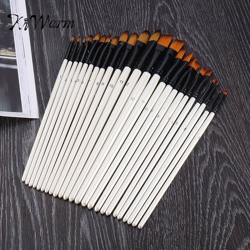 24 pcs Excellent Flat Nylon Hair Wooden Handle Oil Paint Watercolor Painting Brush Set