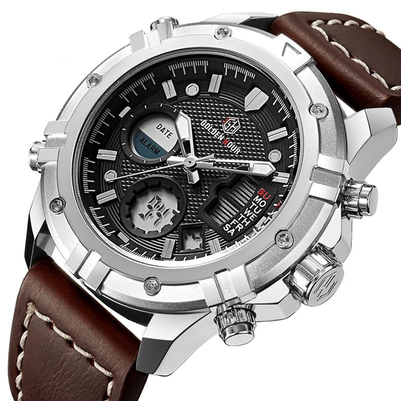GOLDENHOUR Mens Watches Top Brand Luxury Quartz Analog Digital Watch Men Leather Military Sport Wristwatch