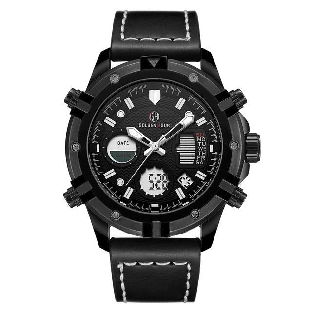 GOLDENHOUR Mens Watches Top Brand Luxury Quartz Analog Digital Watch Men Leather Military Sport Wristwatch