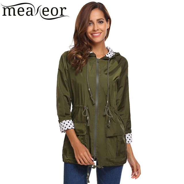 Women's Lightweight Drawstring Hooded Polka Dot Raincoat