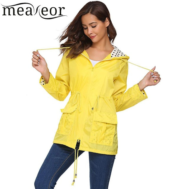 Women's Lightweight Drawstring Hooded Polka Dot Raincoat