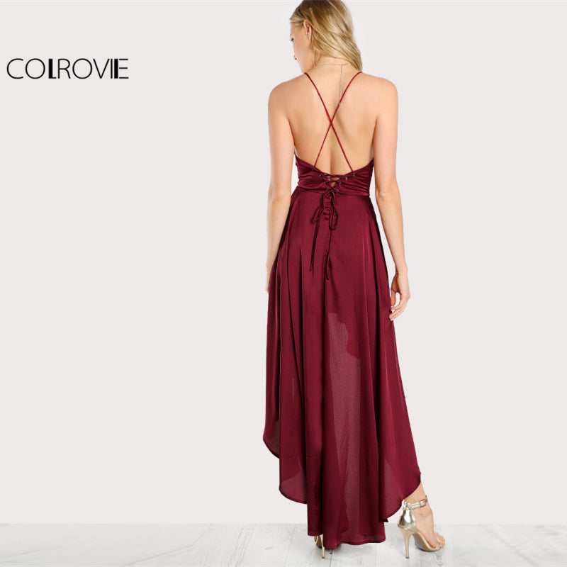 COLROVIE Party Dress Deep V Neck Spaghetti Strap Sleeveless Maxi Dress Asymmetrical Crisscross Backless High Low Cami Dress