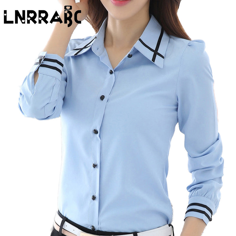 Fashion White Blue Plus Size Long Sleeve Turn-down Collar Formal Elegant Ladies Female Shirt Ladies tops school blouse