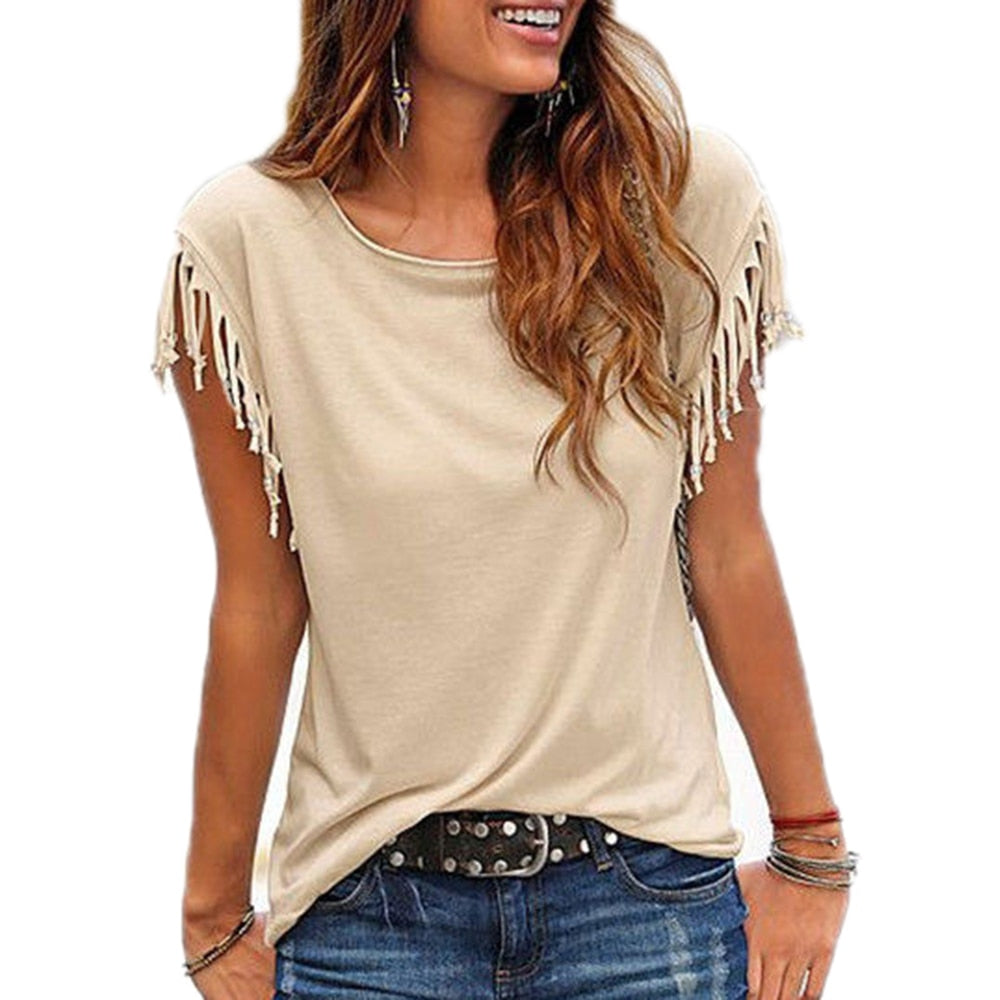 Women Cotton Tassel Casual T-shirt Sleeveless Solid Color Tees Short Sleeve O-neck Women's Clothing t shirt