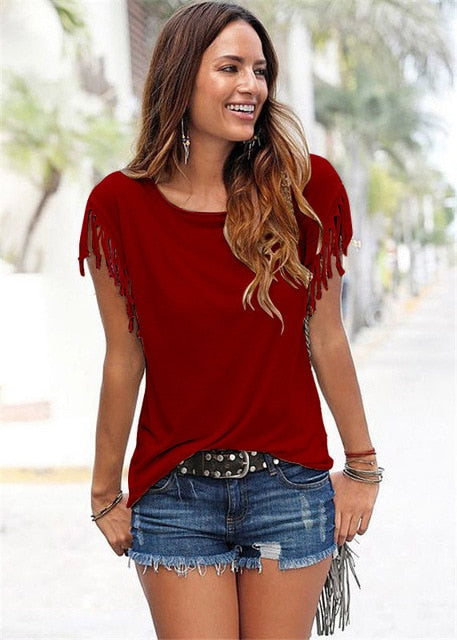 Women Cotton Tassel Casual T-shirt Sleeveless Solid Color Tees Short Sleeve O-neck Women's Clothing t shirt