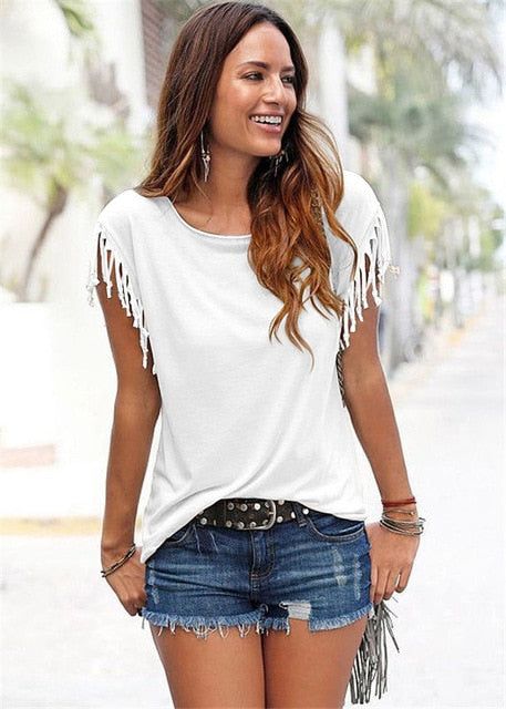 Women Cotton Tassel Casual T-shirt Sleeveless Solid Color Tees Short Sleeve O-neck Women's Clothing t shirt