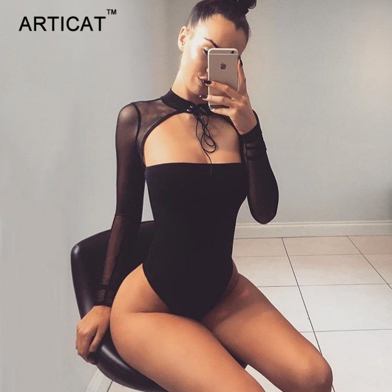 Articat Choker Strapless   Bodysuit Women Mesh Long Sleeve Bandage Bodycon Top Rompers Casual Party Jumpsuits Women Overalls