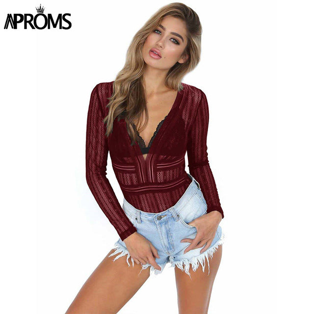 Aproms Deep V neck Lace Mesh Crochet Bodysuit Women Slim Fit Romper Jumpsuit   High Street Bodysuits Tops for Women Clothing