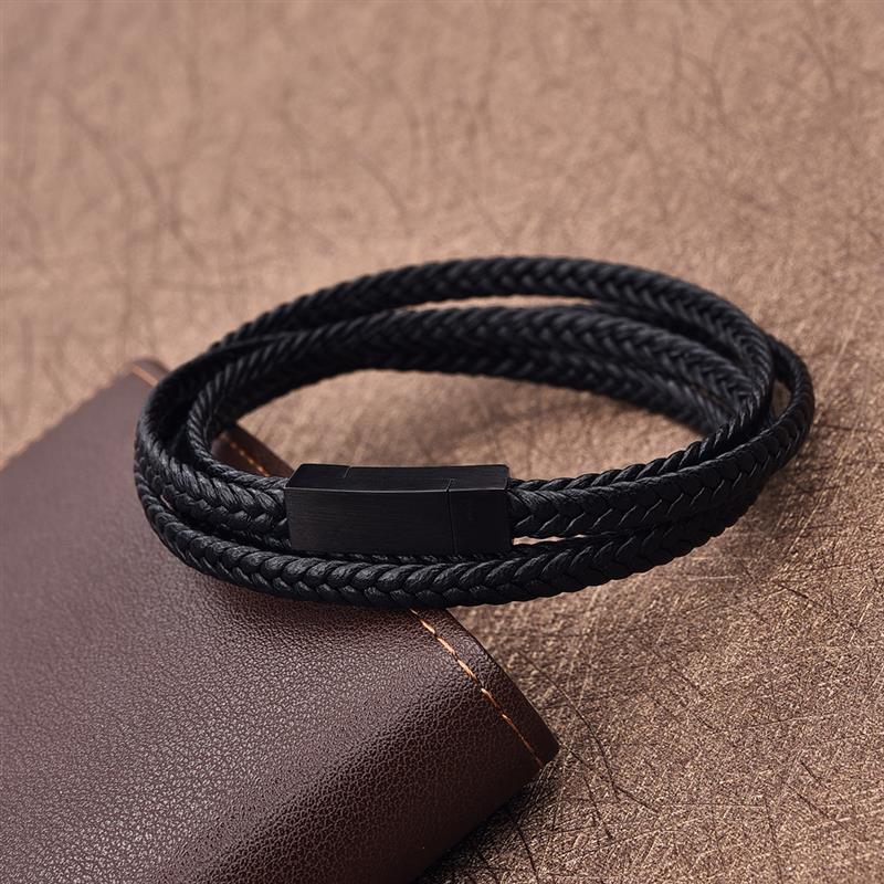 Jiayiqi Fashion Black Genuine Leather Bracelet Black Stainless Steel Clasp Multi Layer Braid Rope Chain Wristband Vintage Gifts