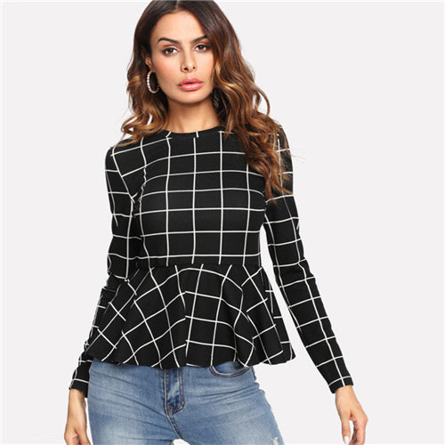 Sheinside Black Plaid Grid Peplum Ruffle Blouse Round Neck Long Sleeve Elegant Top Women Elegant Work Wear Blouse