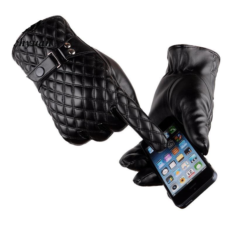 Men's Thick Black Leather Touch Screen Gloves