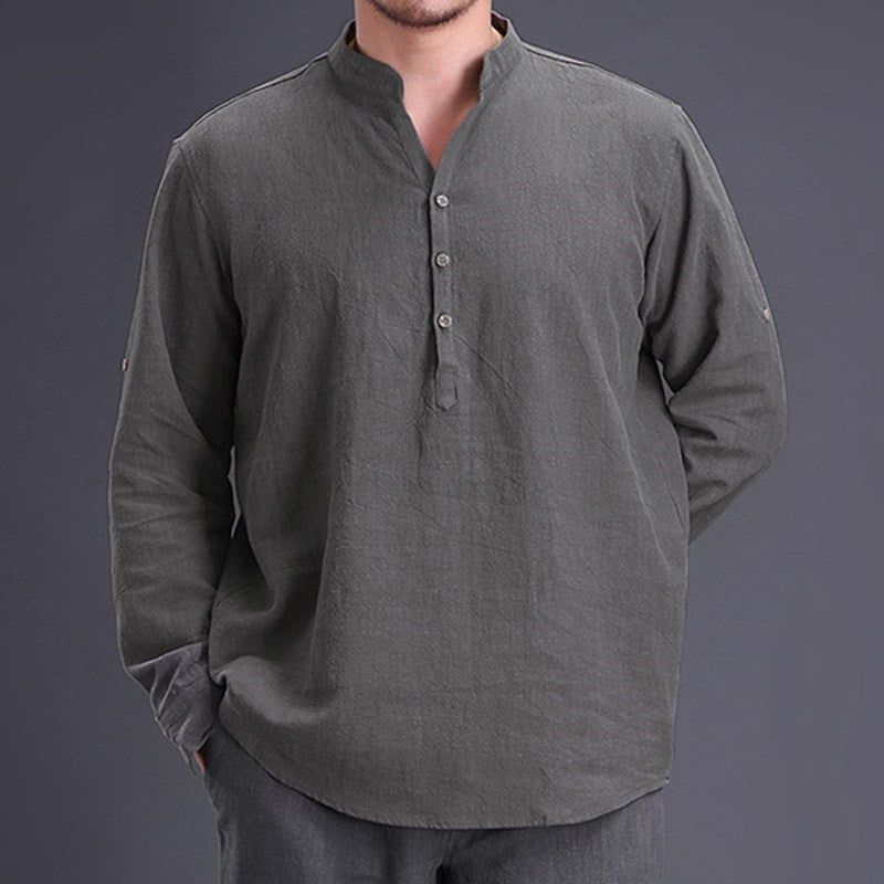 Retro Cotton Linen Men Shirt New Spring Elegant Stand Collar Long Sleeve Casual Tops Men's Loose Shirts Homme Camisa Hombre