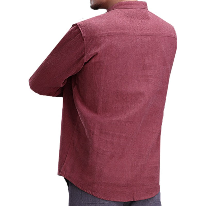 Retro Cotton Linen Men Shirt New Spring Elegant Stand Collar Long Sleeve Casual Tops Men's Loose Shirts Homme Camisa Hombre