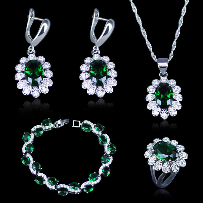 Dubai Style Green CZ White Austrian Crystal 925 Stamp Silver Color Jewelry Sets Earrings/Pendant/Necklace/Rings/Bracelets