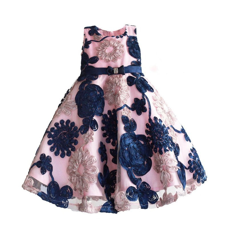 Ribbon Flowers Kids Dresses for Girls Princess Pink Lining Clothes Baby Children Costume for Kids Size 3-8T