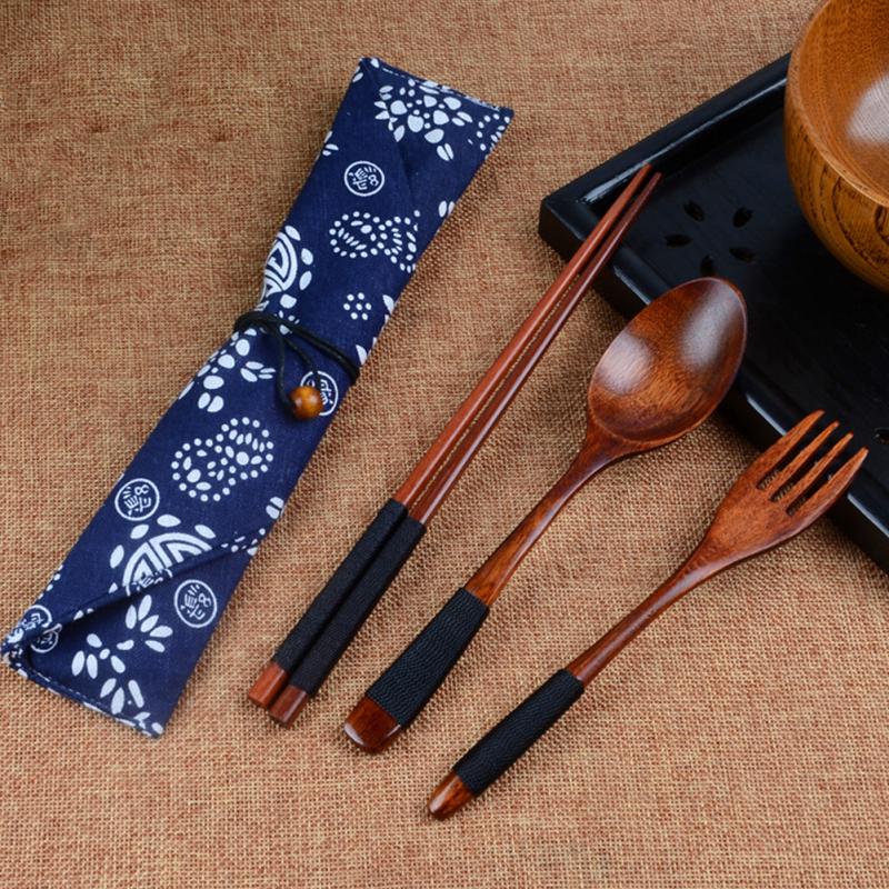 3 Piece: Wooden Fork, Spoon & Chopsticks Dinnerware Set