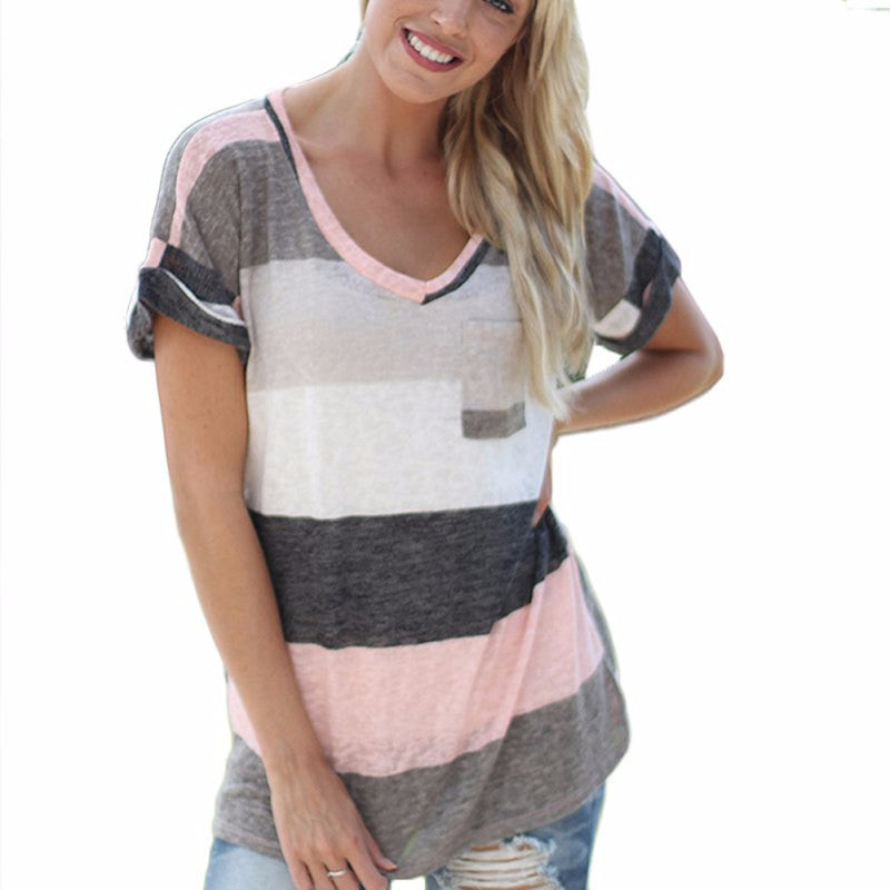 Women's V-Neck Colored Striped T-Shirt
