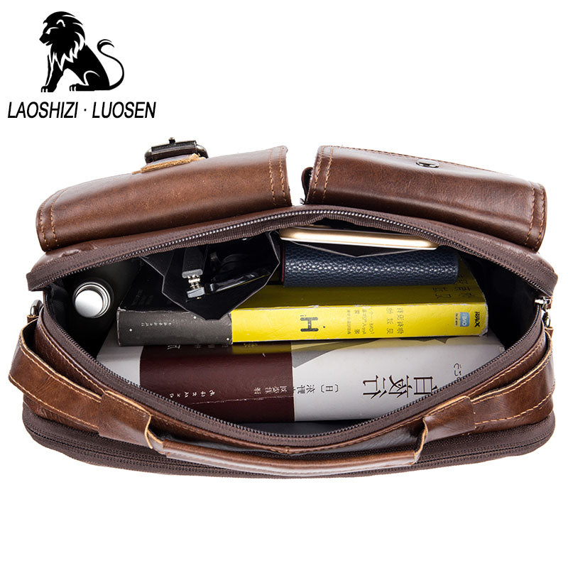 LAOSHIZI LUOSEN Genuine Leather Men Shoulder Bag Handbag Vintage Cowhide Crossbody Bag Tote Business Casual Men Messenger Bag