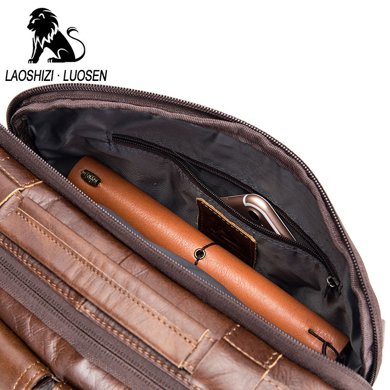 LAOSHIZI LUOSEN Genuine Leather Men Shoulder Bag Handbag Vintage Cowhide Crossbody Bag Tote Business Casual Men Messenger Bag