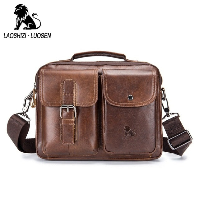 LAOSHIZI LUOSEN Genuine Leather Men Shoulder Bag Handbag Vintage Cowhide Crossbody Bag Tote Business Casual Men Messenger Bag