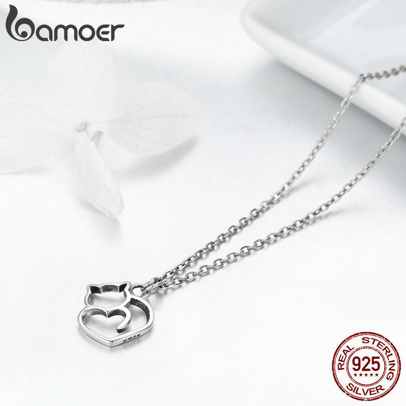 BAMOER Authentic 100% 925 Sterling Silver Lovely Cat Exquisite Women Pendant Necklace Luxury Sterling Silver Jewelry Gift SCN188