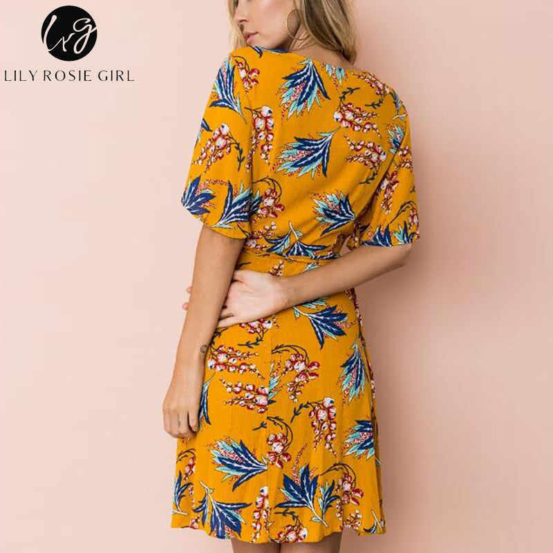 Lily Rosie Girl Yellow Print Wrap Dress Flare Short Sleeve Floral Mini Women Summer Dresses Beach   V Neck boho Vestidos