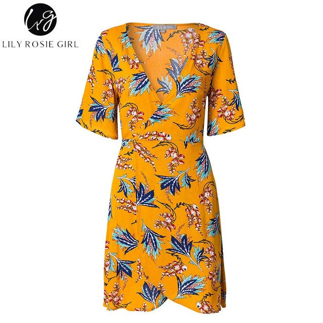 Lily Rosie Girl Yellow Print Wrap Dress Flare Short Sleeve Floral Mini Women Summer Dresses Beach   V Neck boho Vestidos