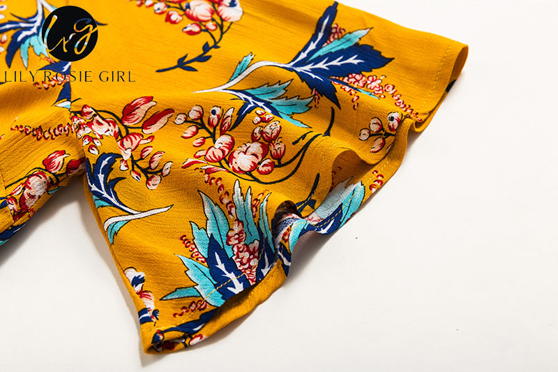 Lily Rosie Girl Yellow Print Wrap Dress Flare Short Sleeve Floral Mini Women Summer Dresses Beach   V Neck boho Vestidos