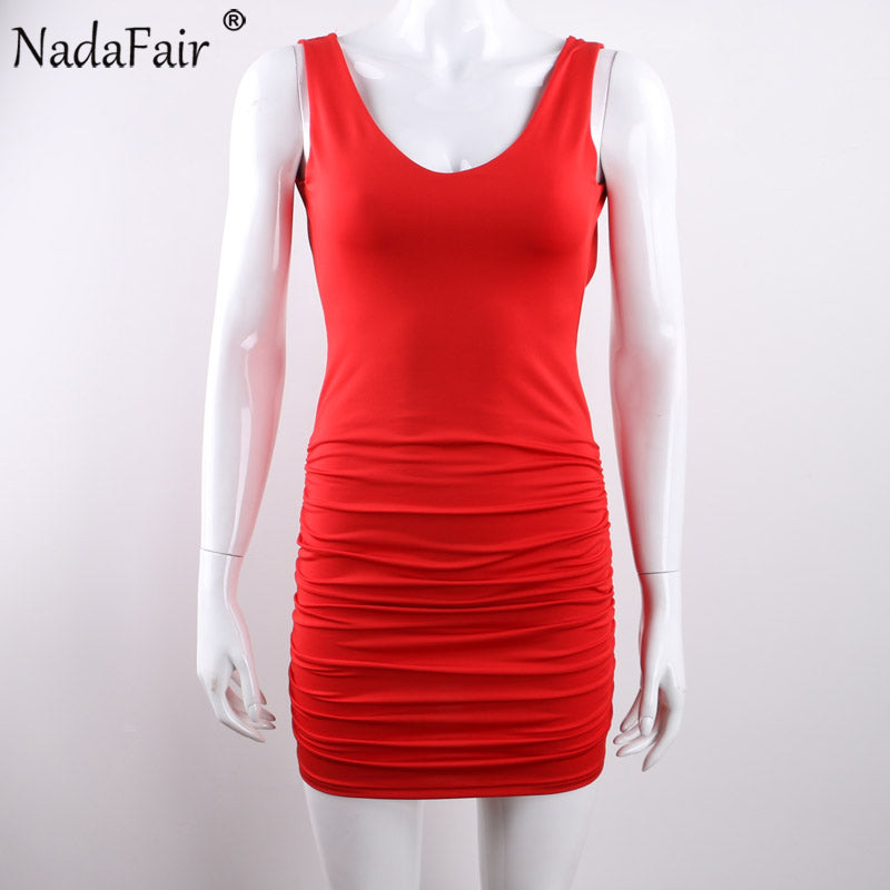 Nadafair V Neck Sleeveless Backless   Bodycon Club Dress Women Mini Red White Wrinkled Summer Dress