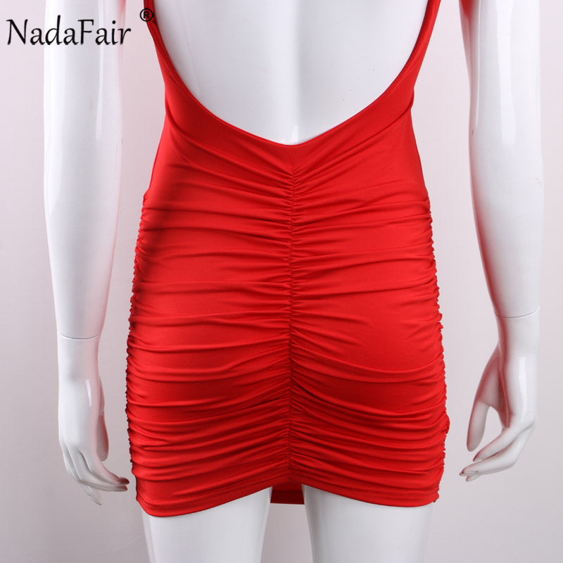 Nadafair V Neck Sleeveless Backless   Bodycon Club Dress Women Mini Red White Wrinkled Summer Dress
