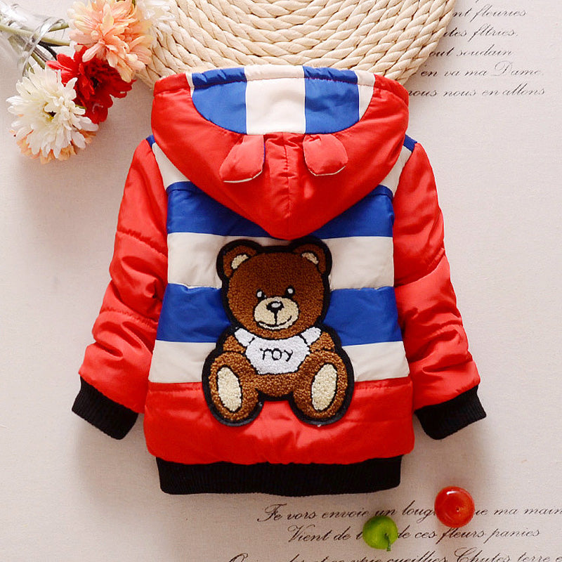 Baby Boys Jacket New Cartoon Bear Kids Autumn Warm Cotton Hoodies Infant Fur Lined Coat Children Casual Outerwear Clothing