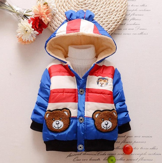 Baby Boys Jacket New Cartoon Bear Kids Autumn Warm Cotton Hoodies Infant Fur Lined Coat Children Casual Outerwear Clothing