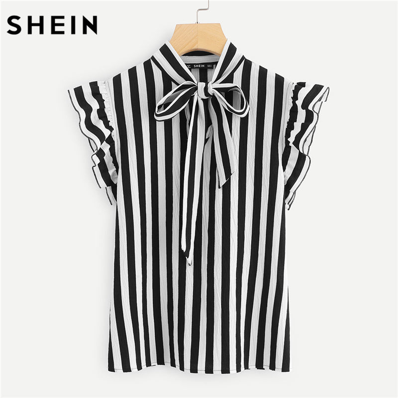 SHEIN Summer Top Elegant Work Women Blouses Cap Sleeve Black and White Tie Neck Butterfly Sleeve Workwear Striped Blouse