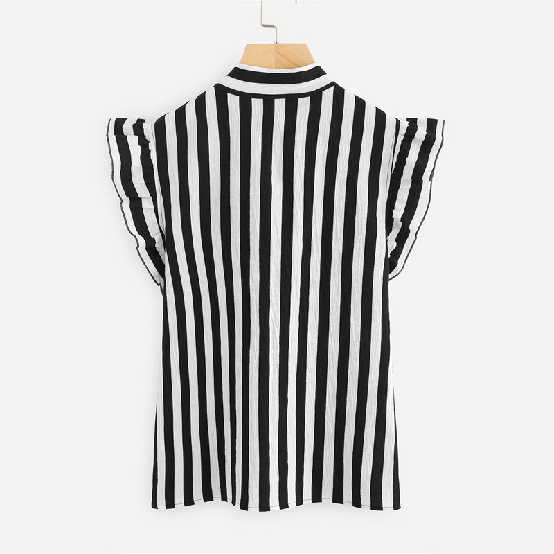 SHEIN Summer Top Elegant Work Women Blouses Cap Sleeve Black and White Tie Neck Butterfly Sleeve Workwear Striped Blouse