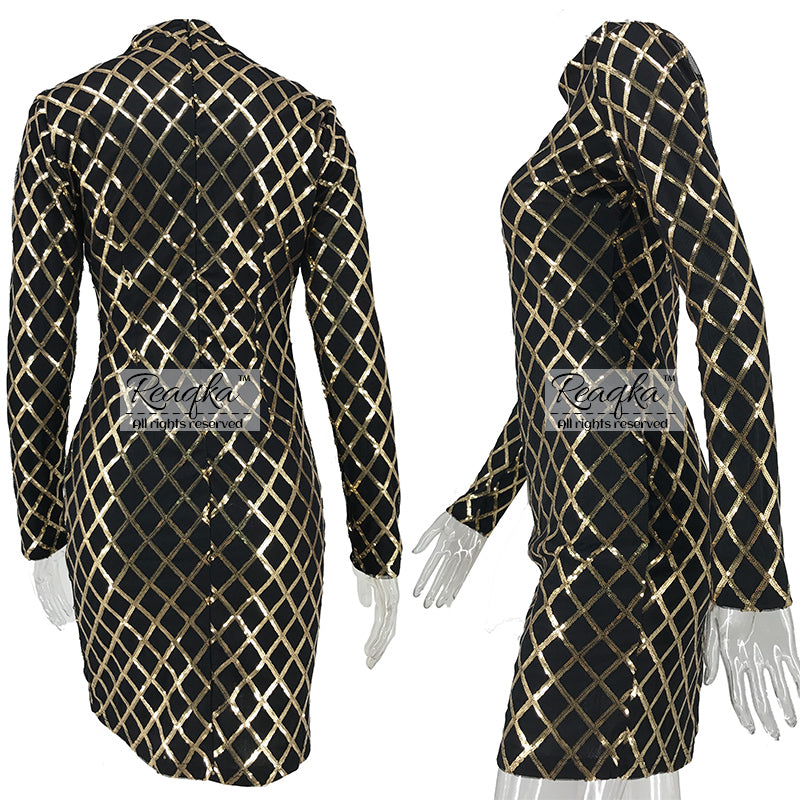 Autumn Winter Black Long Sleeve Sequins Dress   Bodycon Sheath Gold Pattern High Neck Party Dresses Nightclub Vestidos