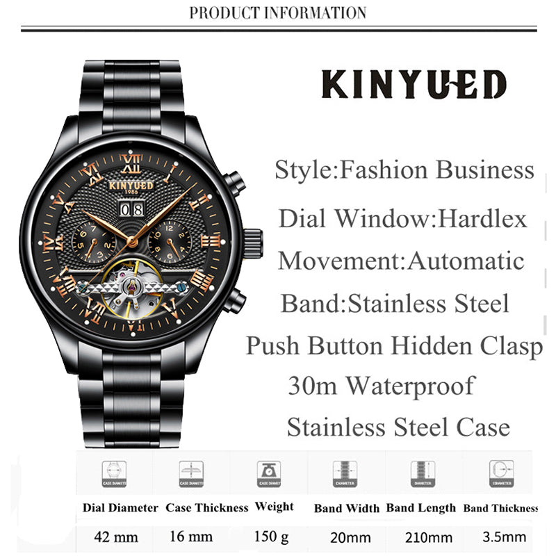 KINYUED Men's Self-Wind Tourbillon Mechanical Watches Water Resistant Automatic Skeleton Watch Men Relojes Hombre