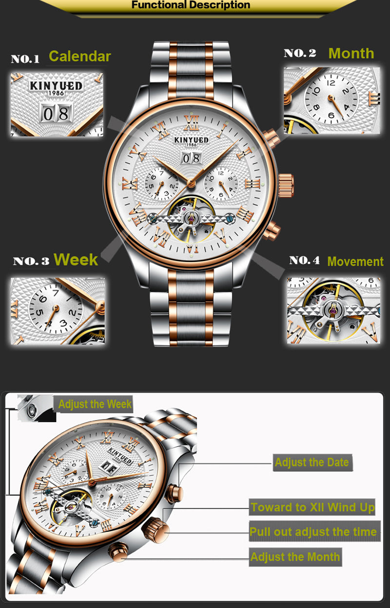 KINYUED Men's Self-Wind Tourbillon Mechanical Watches Water Resistant Automatic Skeleton Watch Men Relojes Hombre