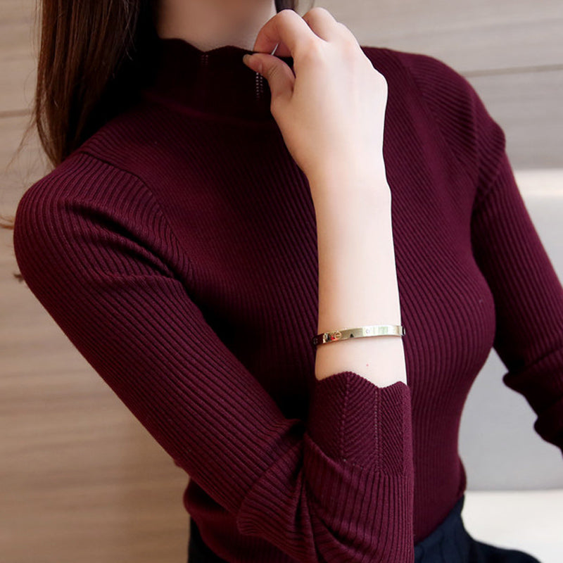 Korean Fashion Women Sweaters and Pullovers Sueter Mujer Ruffled Sleeve Turtleneck Solid Slim   Elastic Women Tops
