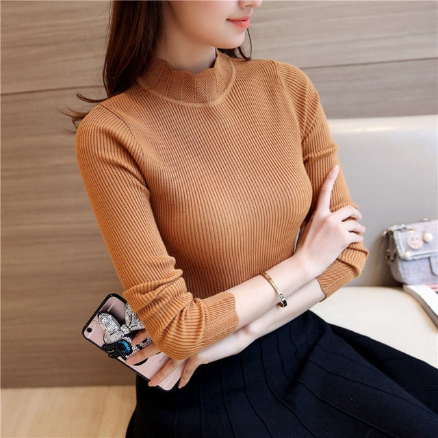 Korean Fashion Women Sweaters and Pullovers Sueter Mujer Ruffled Sleeve Turtleneck Solid Slim   Elastic Women Tops