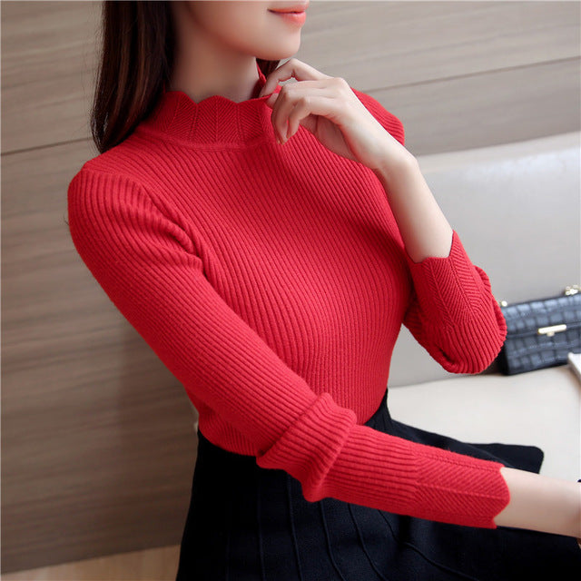 Korean Fashion Women Sweaters and Pullovers Sueter Mujer Ruffled Sleeve Turtleneck Solid Slim   Elastic Women Tops