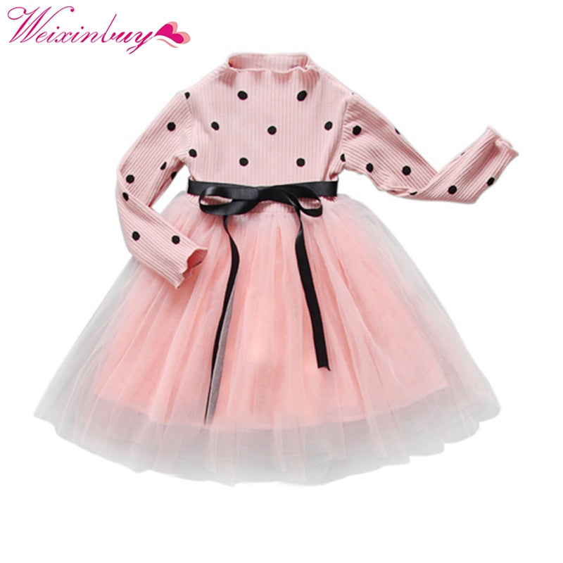 Baby Girl Bow Crochet Knit Dress Kids Long Sleeve Party Wedding Pageant Tulle Tutu Dresses