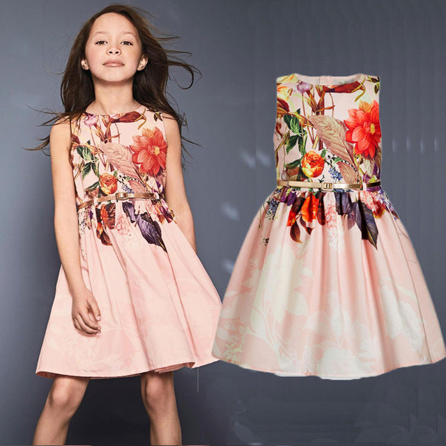 Girls Dresses Brand Kids Dresses Belts 2pcs Printed Flowers Children's Apparel Sleeveless Vest Dress Fashion