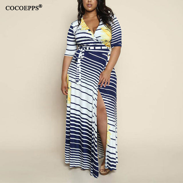 Spring boho Striped Plus Size Maxi Dress Long 5XL 6XL Big Size women clothing New   Large Size sashes Dress Robe Vestido