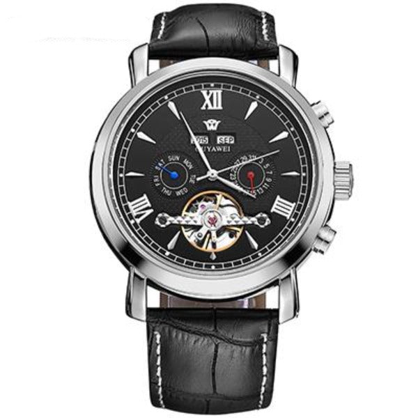 Ouyawei Men Business Tourbillon Calendar Mechanical Automatic Black Watch Self widing Auto Date Leather Wrist Watches Clock Men