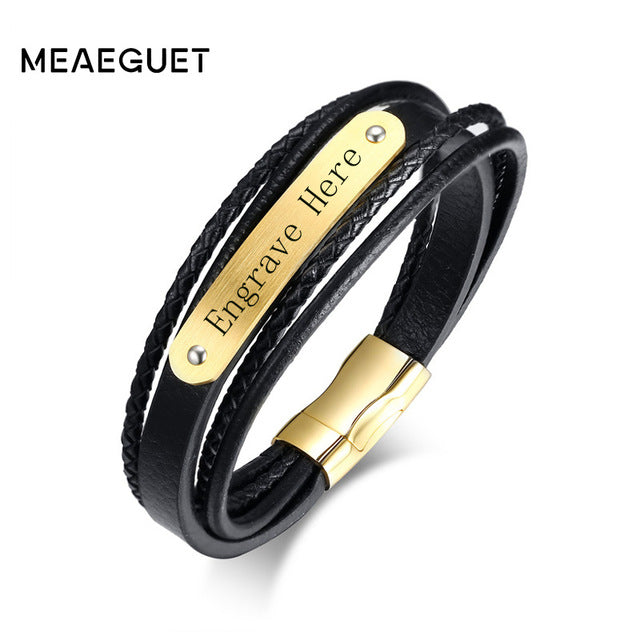 Meaeguet Engrave & Laser Black Layered Braided Microfiber Leather ID Bracelet Stainless Steel Bracelet & Bangle Men Jewelry