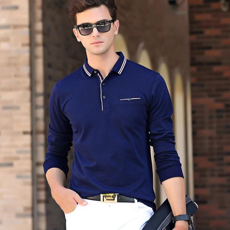 Men's Polo Solid Color Long-Sleeve Shirt