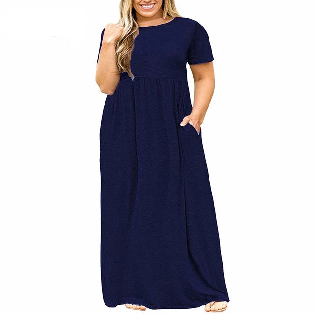 Women O-neck Short Sleeve Long Casual Dress Plus Size 7XL 8XL With Pockets Solid Vintage Maxi Dress