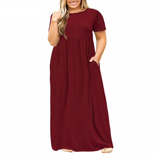 Women O-neck Short Sleeve Long Casual Dress Plus Size 7XL 8XL With Pockets Solid Vintage Maxi Dress